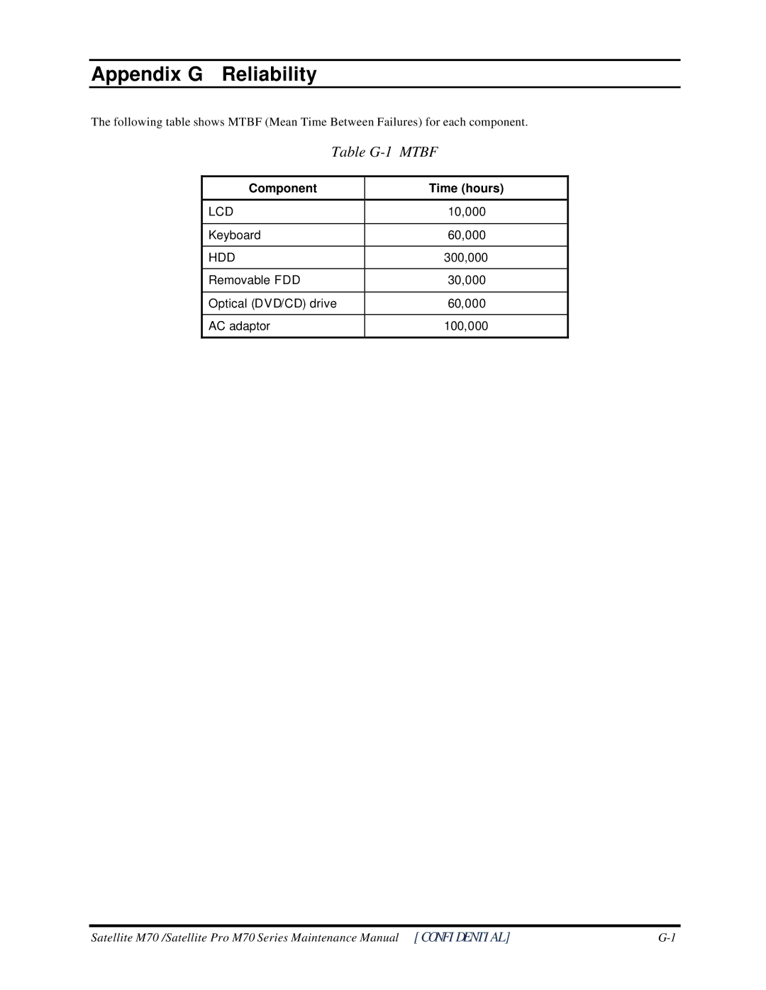 Toshiba M70 manual Appendix G Reliability, Table G-1 Mtbf 