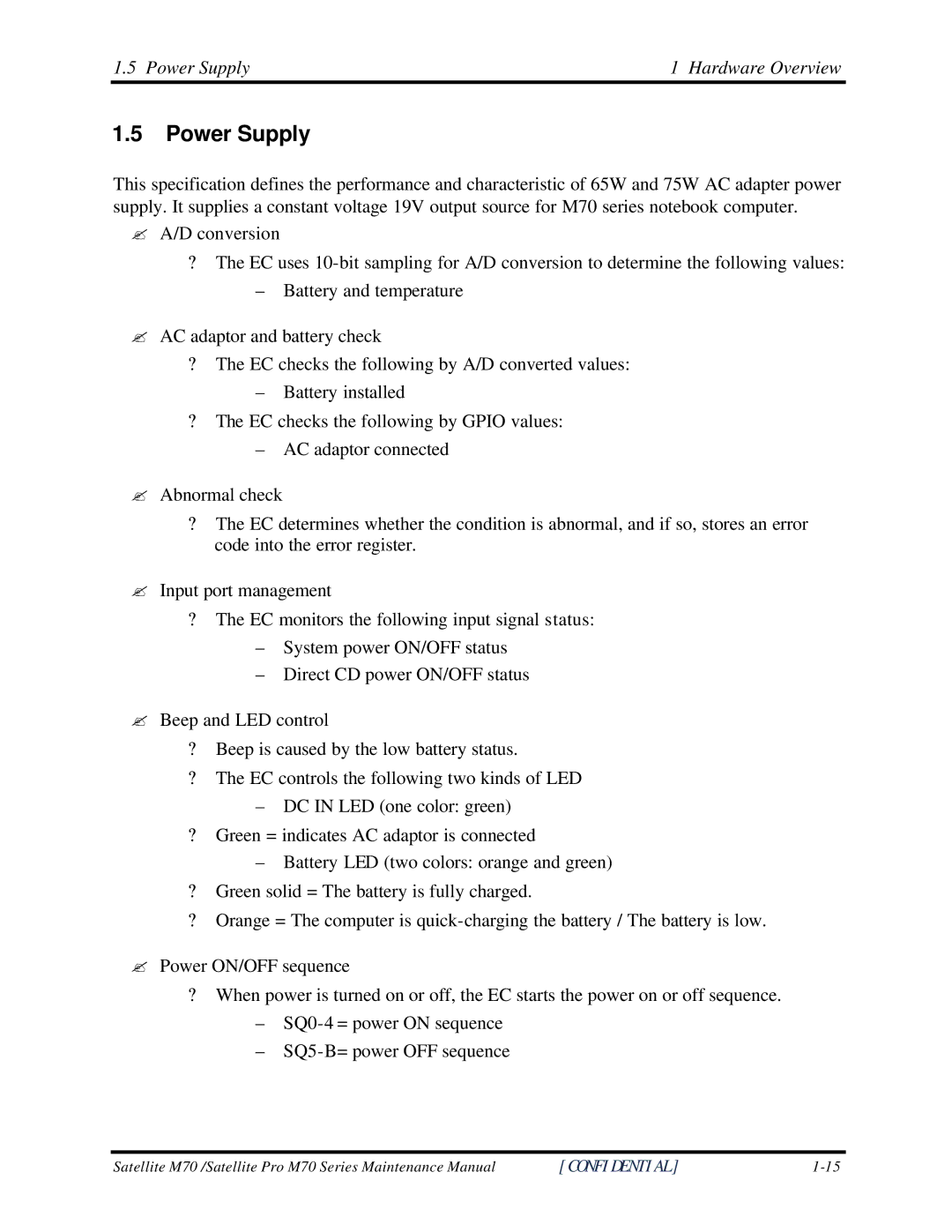 Toshiba M70 manual Power Supply Hardware Overview 