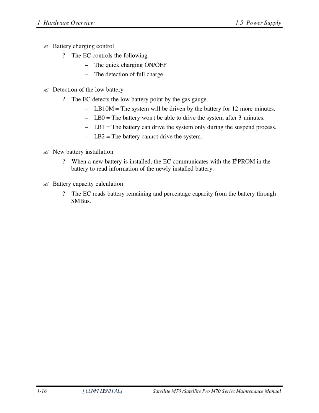 Toshiba M70 manual Hardware Overview Power Supply 