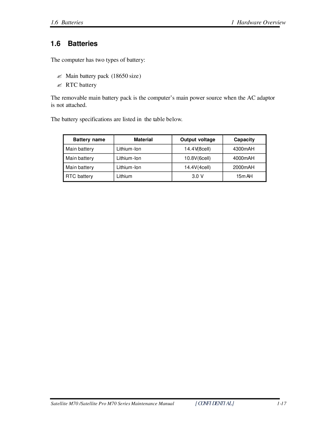 Toshiba M70 manual Batteries, Battery name Material Output voltage Capacity 