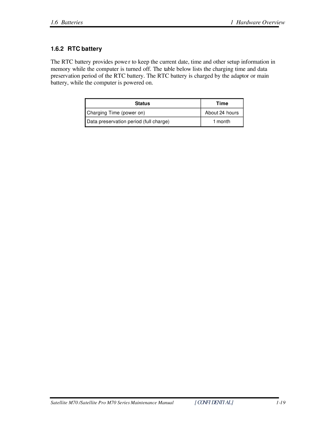 Toshiba M70 manual RTC battery, Status Time 