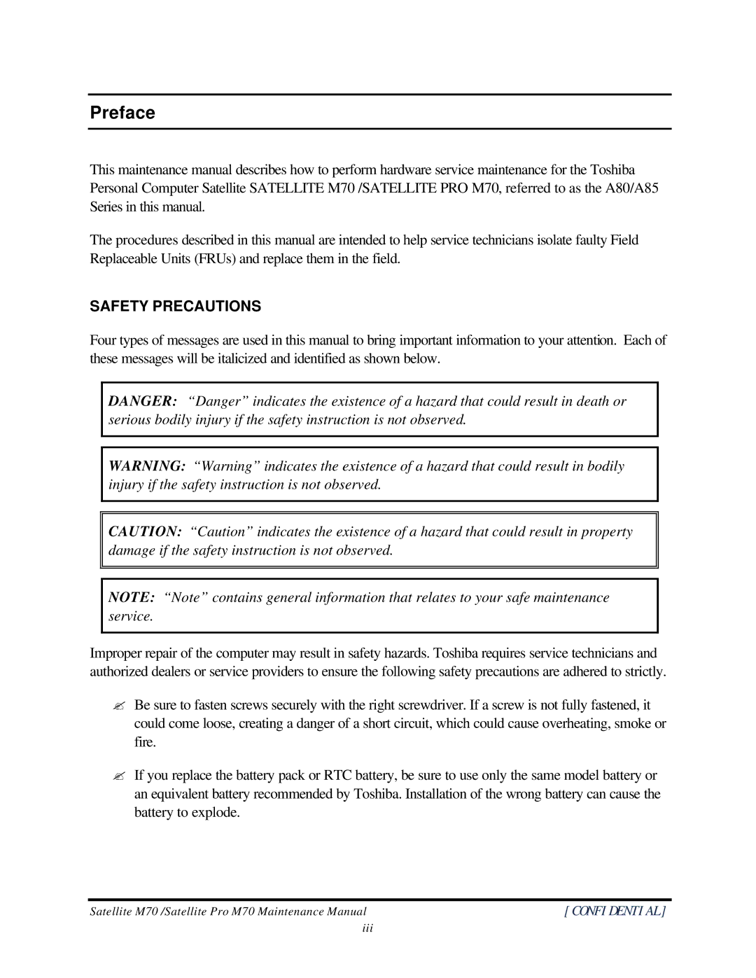 Toshiba M70 manual Preface, Safety Precautions 