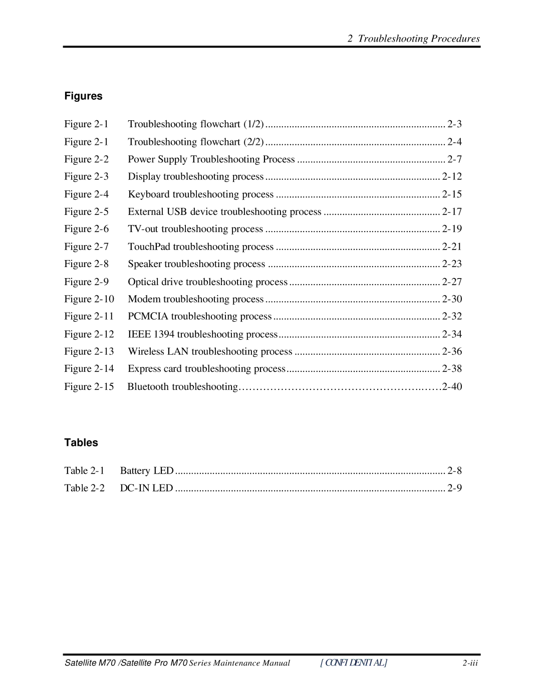 Toshiba M70 manual Figures, Tables 