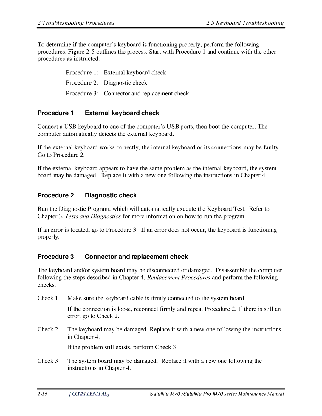 Toshiba M70 manual Troubleshooting Procedures Keyboard Troubleshooting, Procedure 1 External keyboard check 