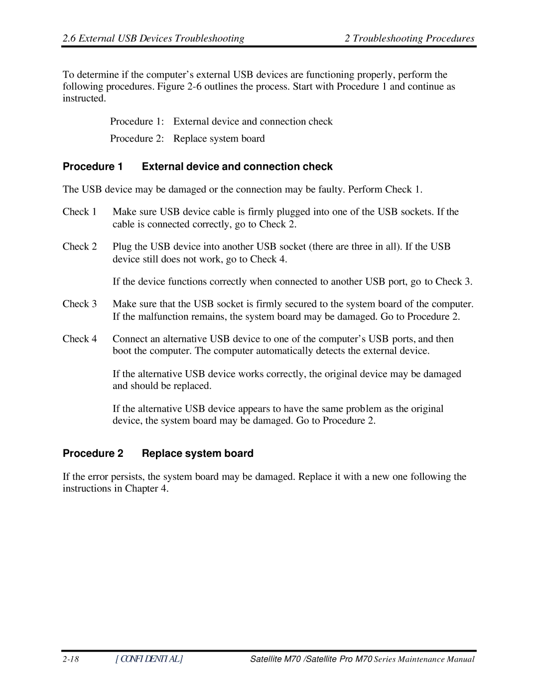 Toshiba M70 manual Procedure 1 External device and connection check, Procedure 2 Replace system board 