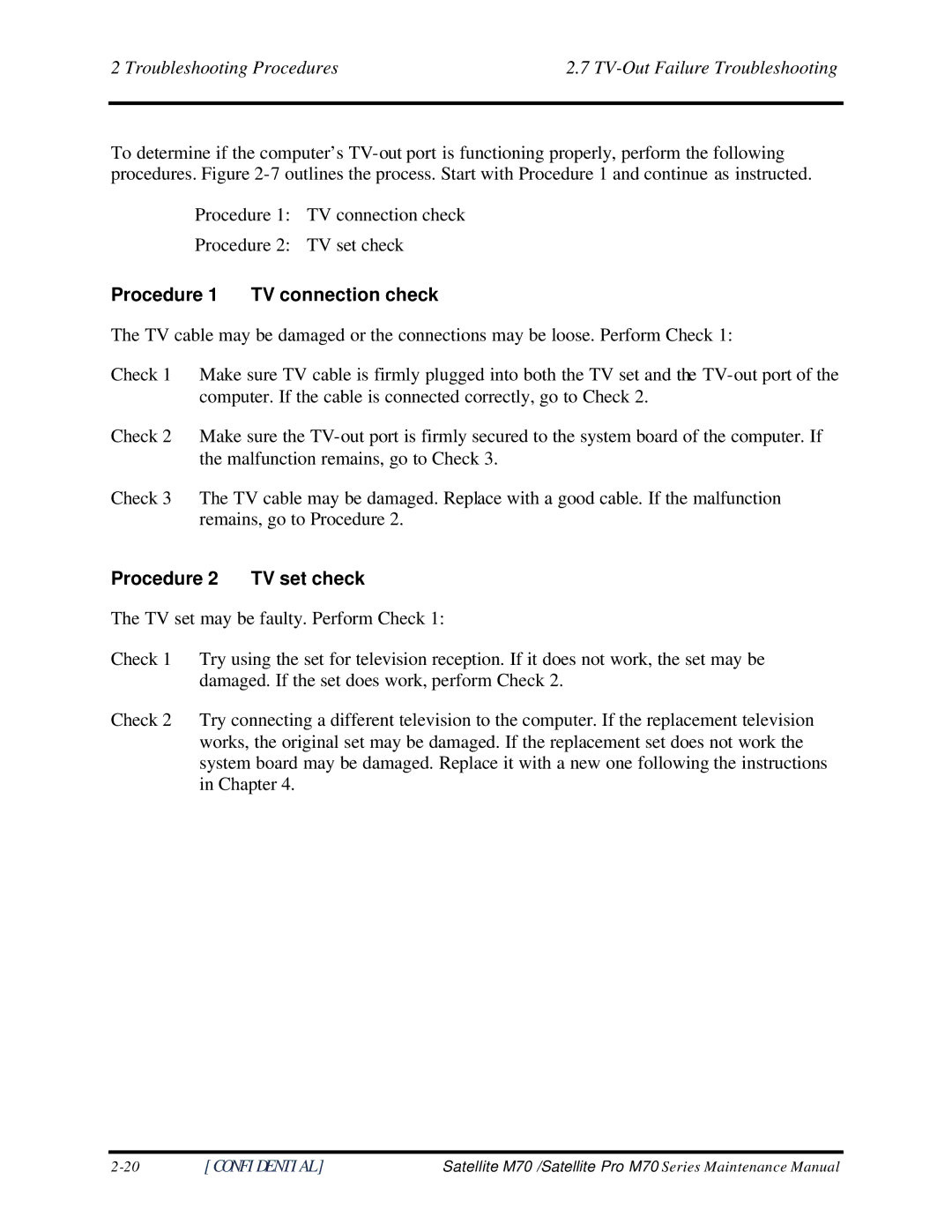 Toshiba M70 manual Troubleshooting Procedures TV-Out Failure Troubleshooting, Procedure 1 TV connection check 