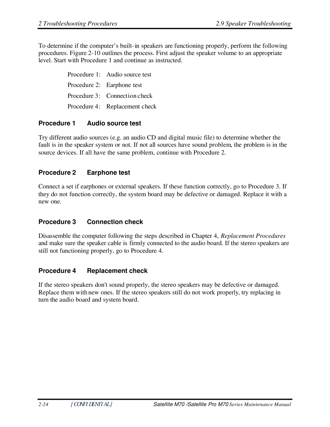 Toshiba M70 Troubleshooting Procedures Speaker Troubleshooting, Procedure 1 Audio source test, Procedure 2 Earphone test 