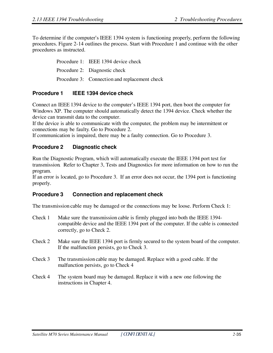 Toshiba M70 manual Ieee 1394 Troubleshooting Troubleshooting Procedures, Procedure 1 Ieee 1394 device check 