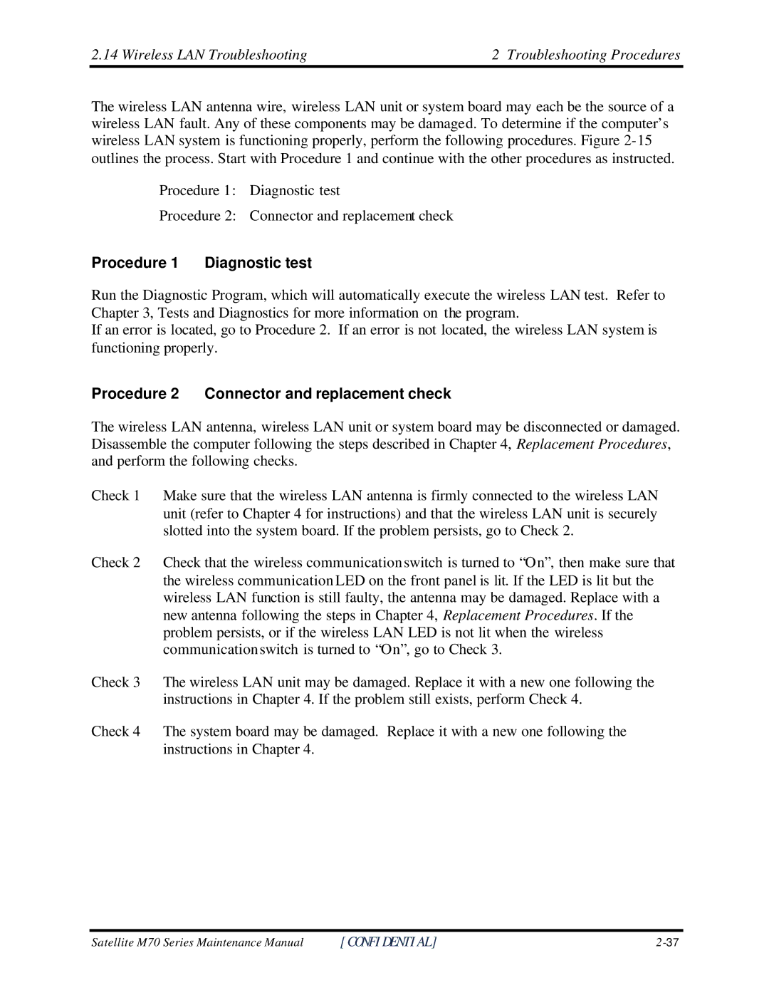 Toshiba M70 manual Wireless LAN Troubleshooting Troubleshooting Procedures, Procedure 2 Connector and replacement check 