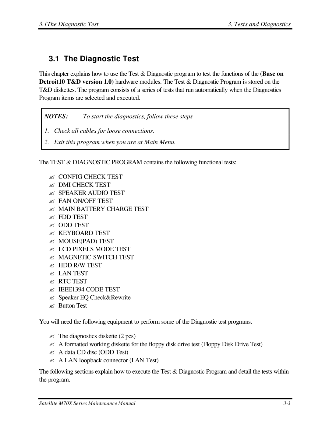 Toshiba M70 manual Diagnostic Test 