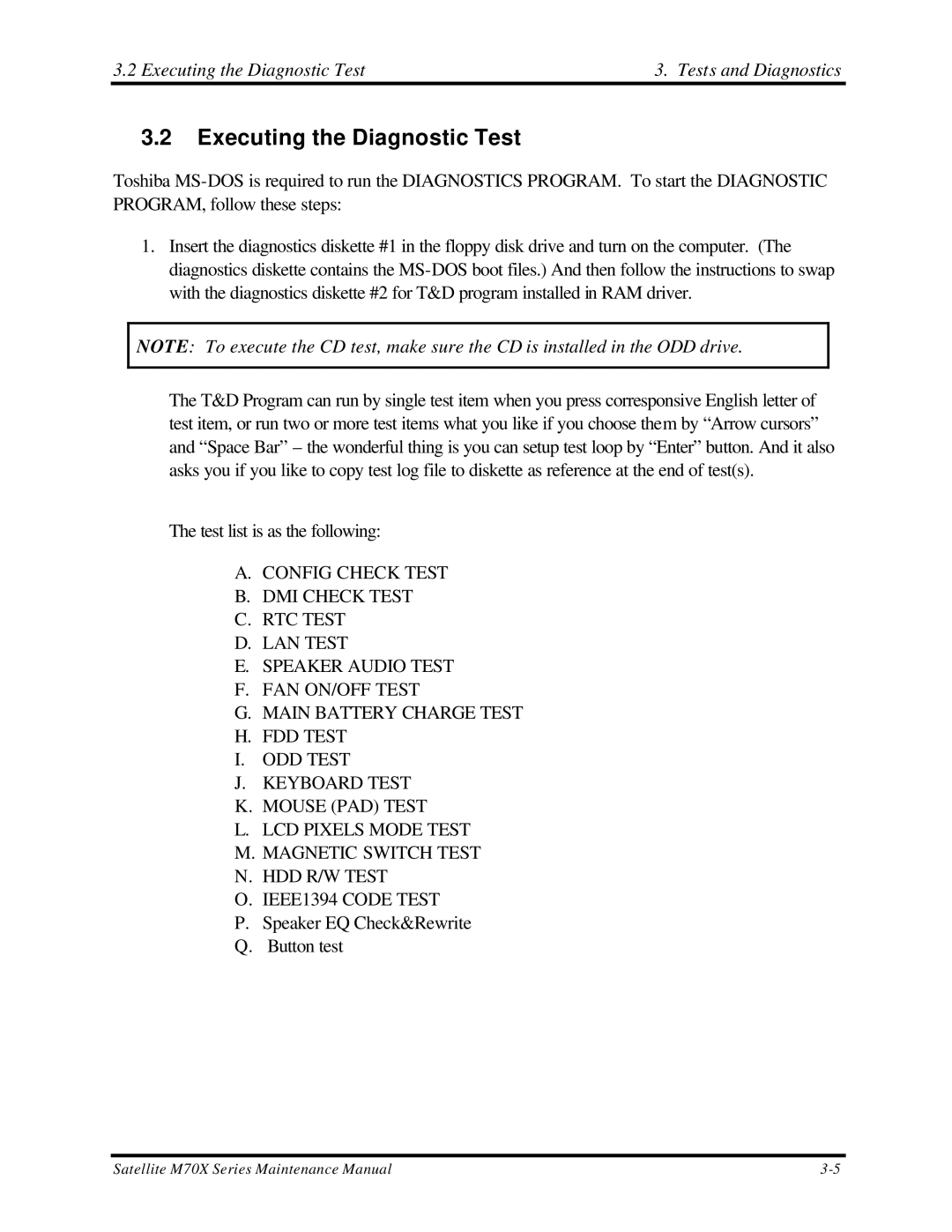 Toshiba M70 manual Executing the Diagnostic Test Tests and Diagnostics 