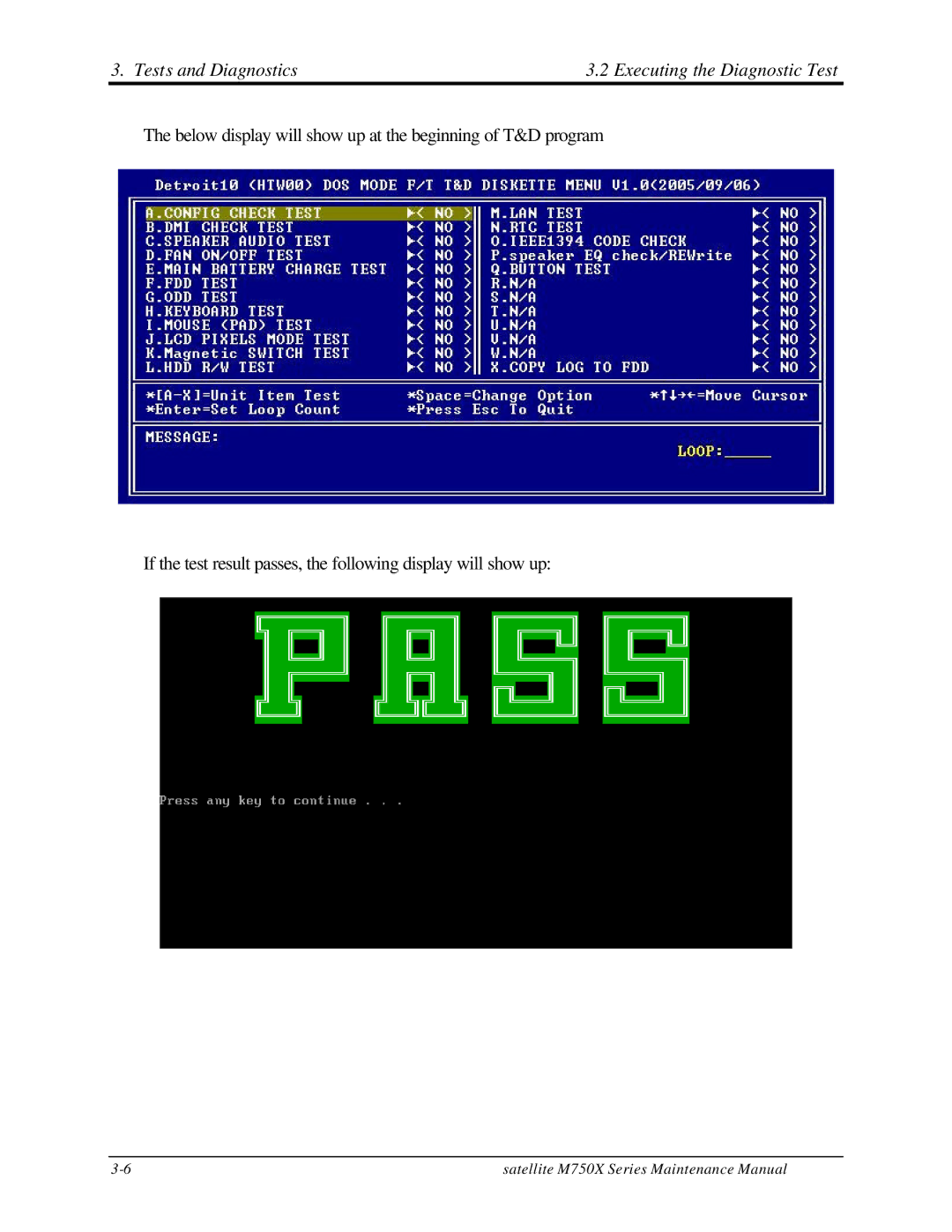 Toshiba M70 manual Tests and Diagnostics3.2 Executing the Diagnostic Test 