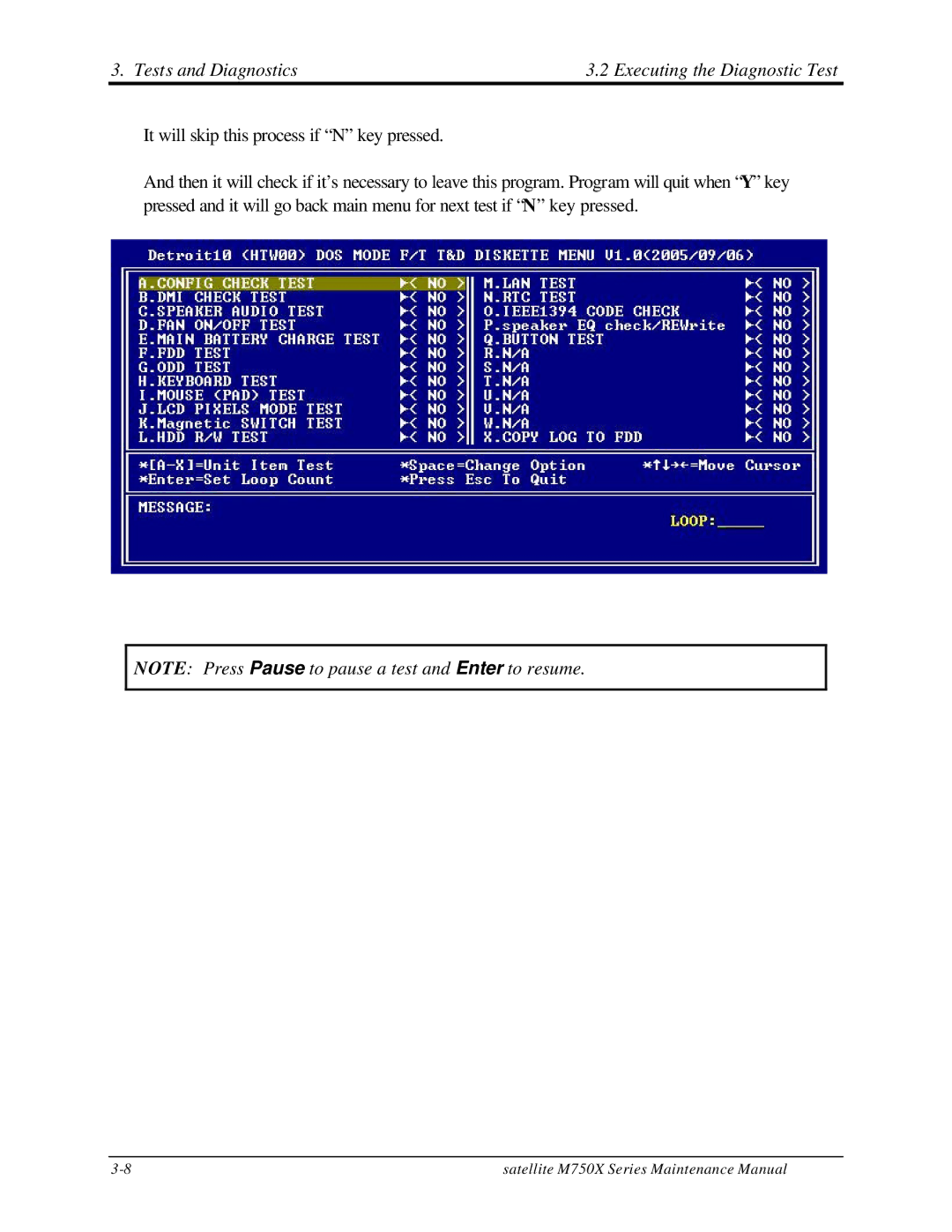 Toshiba M70 manual Tests and Diagnostics Executing the Diagnostic Test 