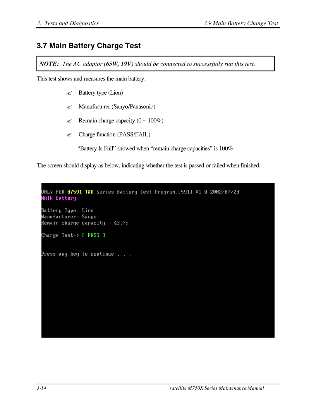 Toshiba M70 manual Main Battery Charge Test, Tests and Diagnostics Main Battery Change Test 