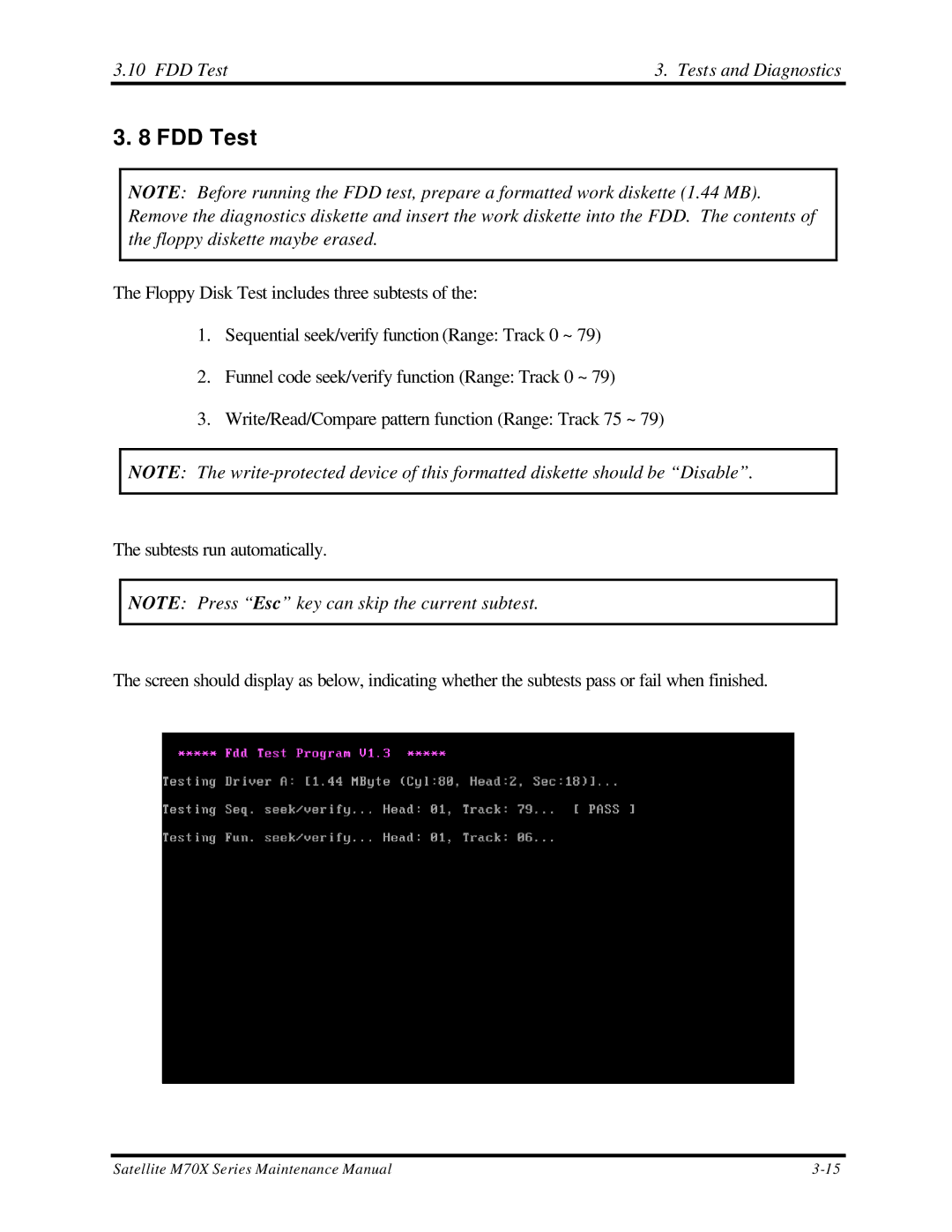 Toshiba M70 manual FDD Test Tests and Diagnostics 