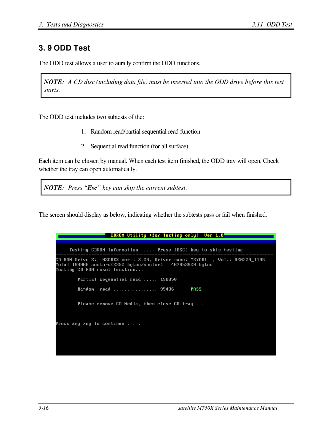 Toshiba M70 manual Tests and Diagnostics ODD Test 