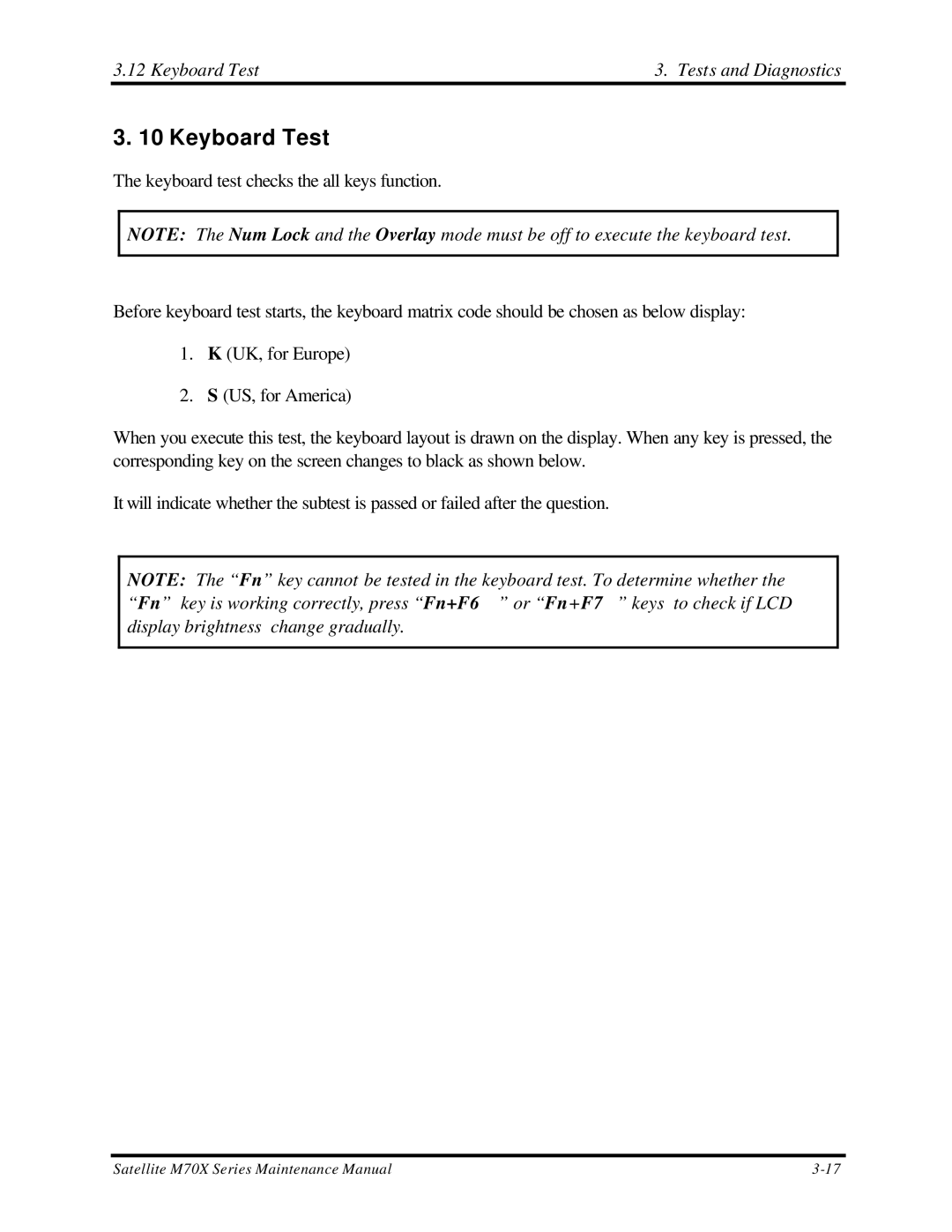 Toshiba M70 manual Keyboard Test Tests and Diagnostics 