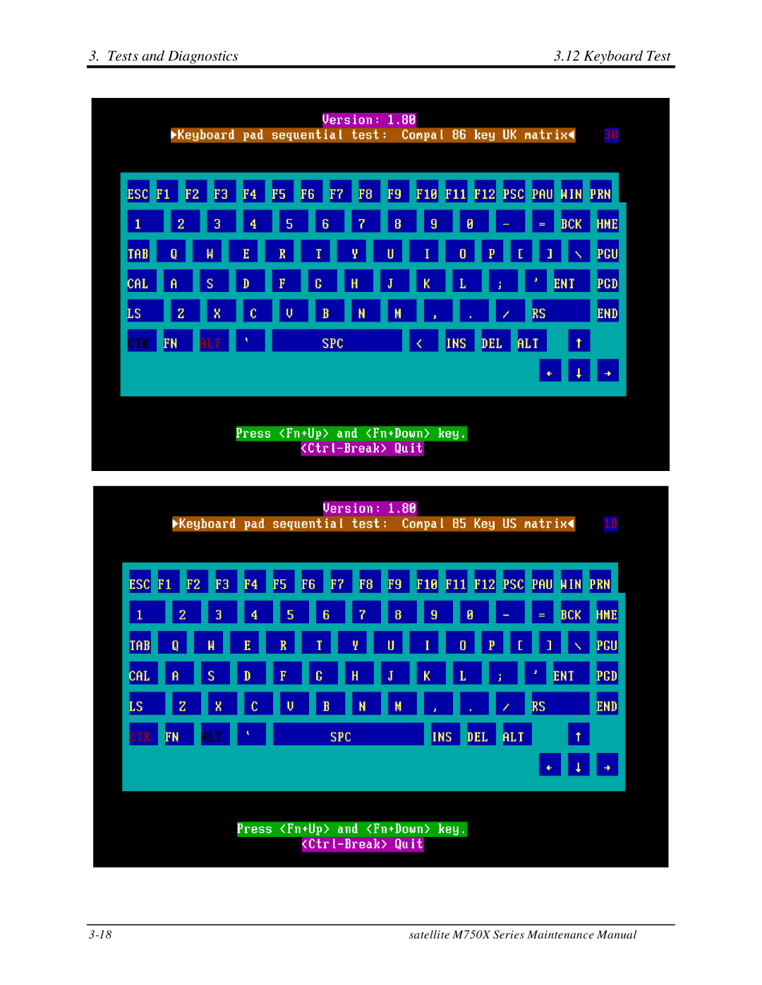 Toshiba M70 manual Tests and Diagnostics Keyboard Test 