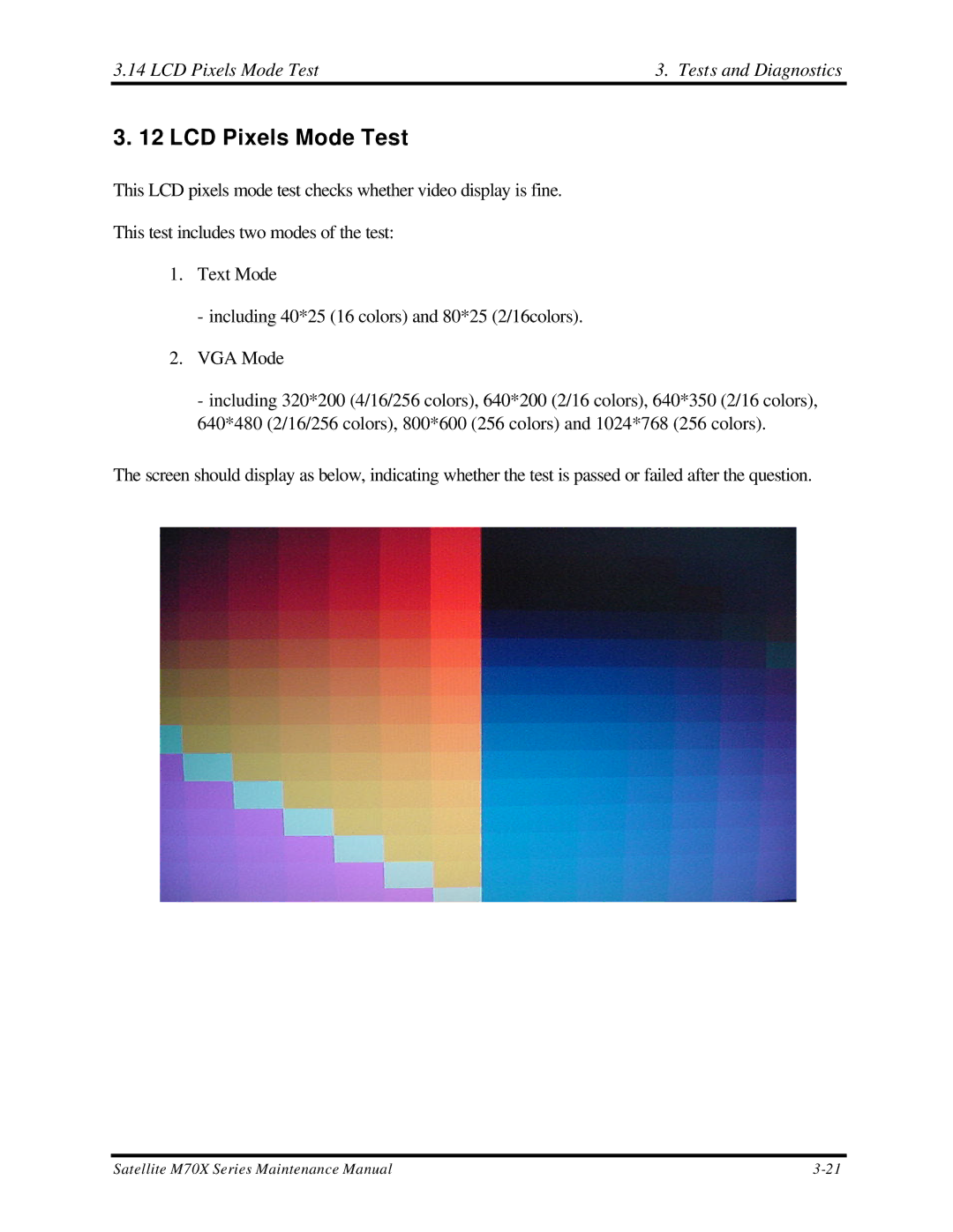 Toshiba M70 manual LCD Pixels Mode Test Tests and Diagnostics 