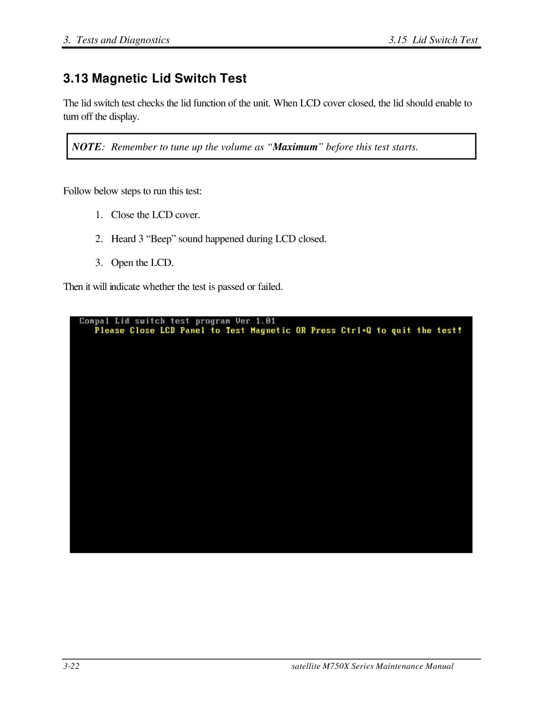 Toshiba M70 manual Magnetic Lid Switch Test, Tests and Diagnostics Lid Switch Test 