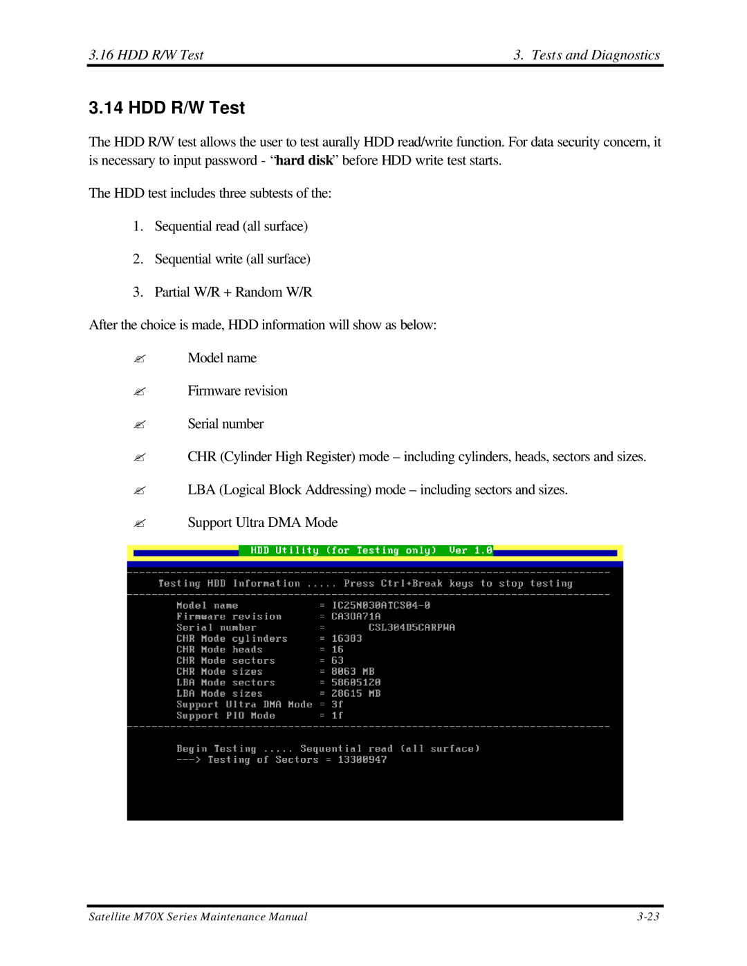 Toshiba M70 manual HDD R/W Test Tests and Diagnostics 