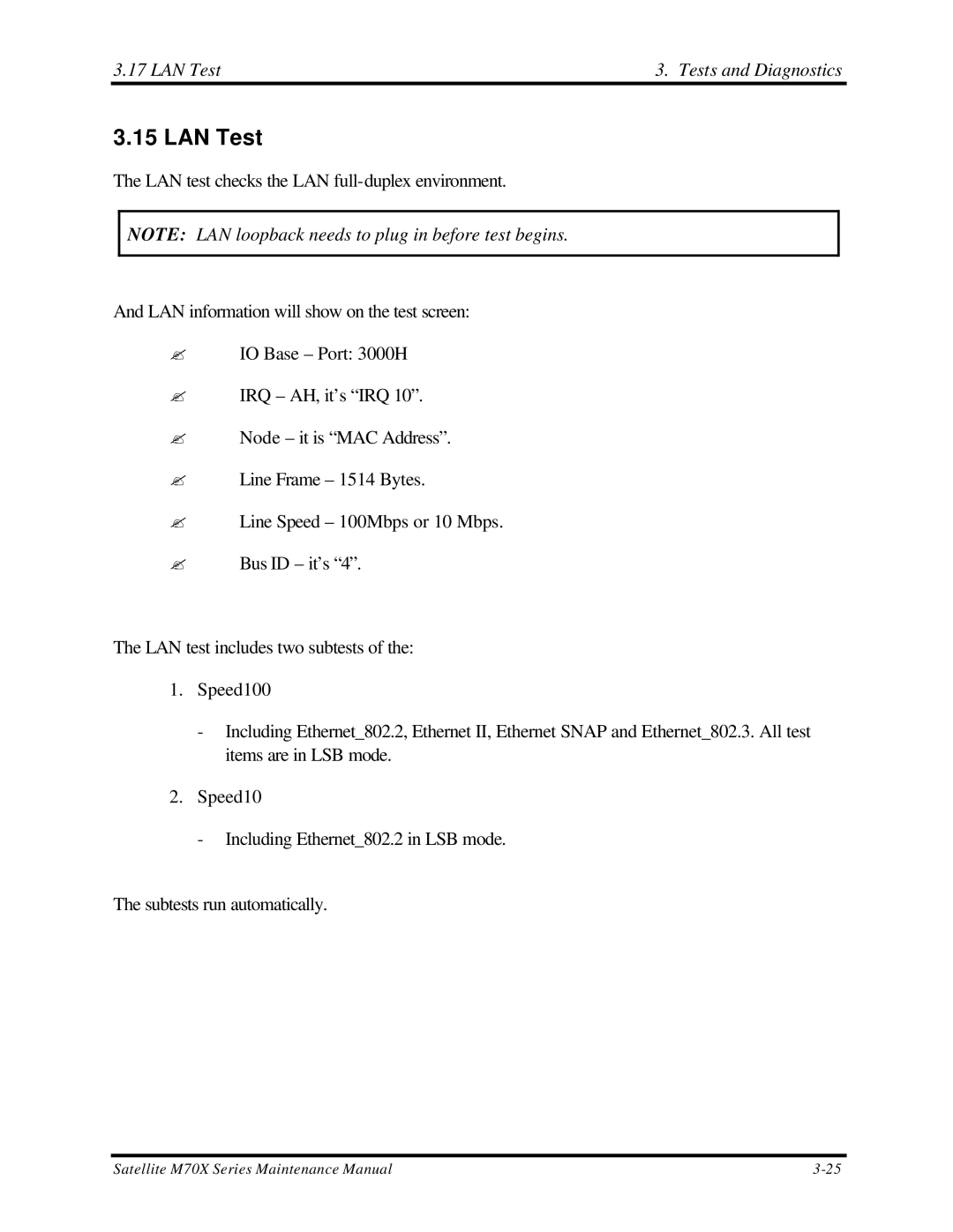 Toshiba M70 manual LAN Test Tests and Diagnostics 