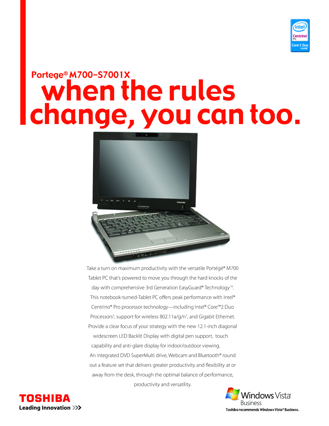 Toshiba M700-S7001X manual When the rules change, you can too, Toshiba recommends Windows Vista Business 