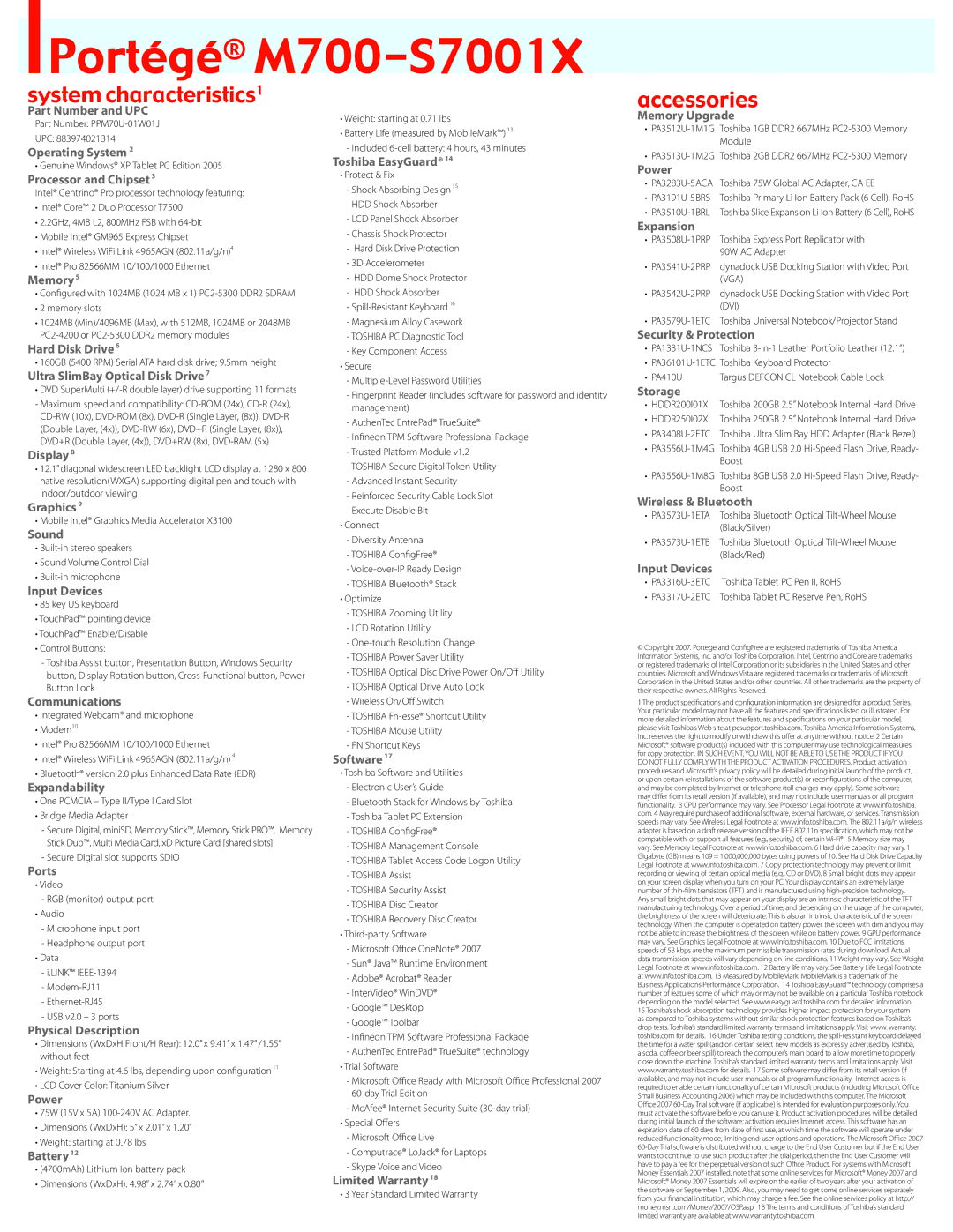 Toshiba M700-S7001X Part Number and UPC, Operating System, Processor and Chipset, Memory, Hard Disk Drive, Display, Sound 