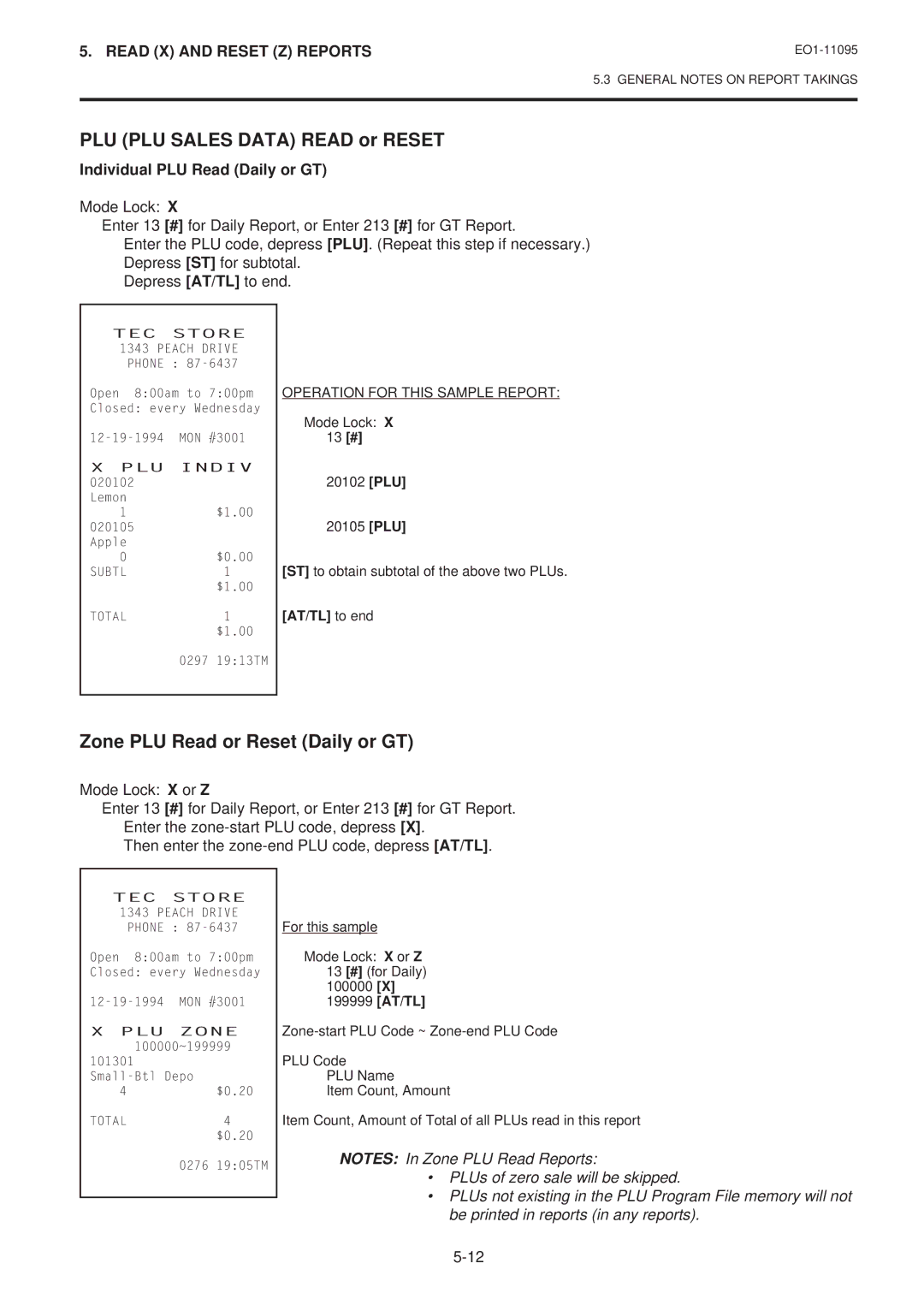 Toshiba EO1-11095 PLU PLU Sales Data Read or Reset, Zone PLU Read or Reset Daily or GT, Individual PLU Read Daily or GT 