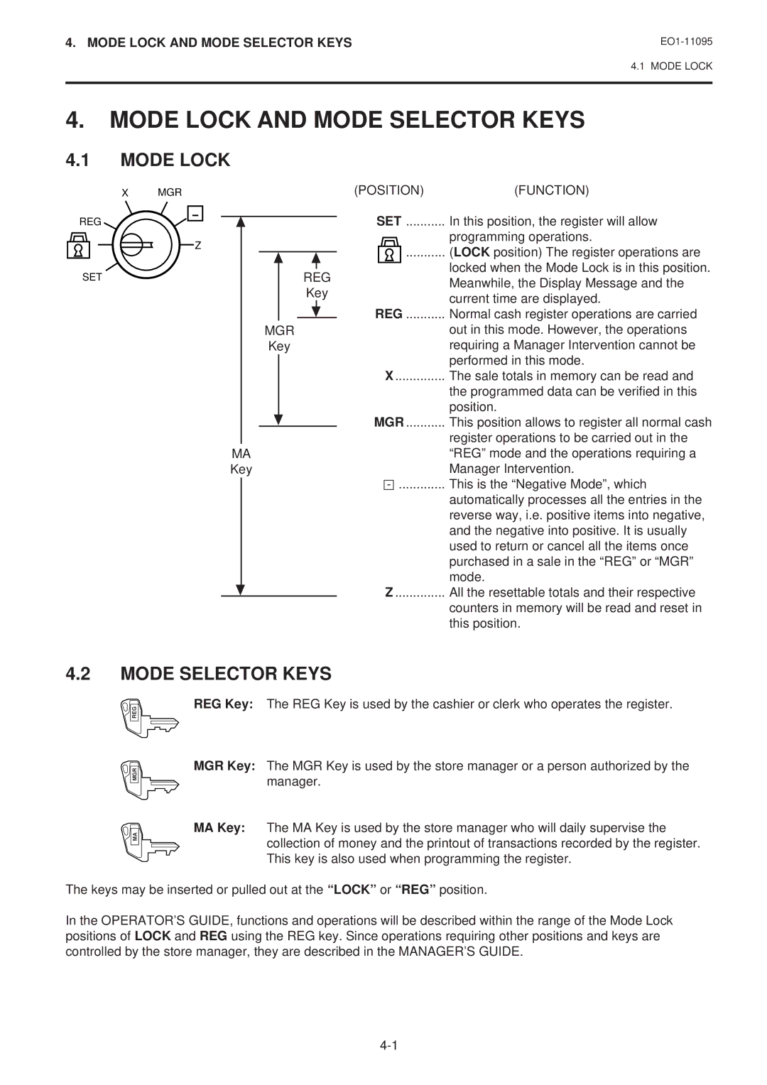 Toshiba MA-1450-1 SERIES, EO1-11095 owner manual Mode Lock and Mode Selector Keys 