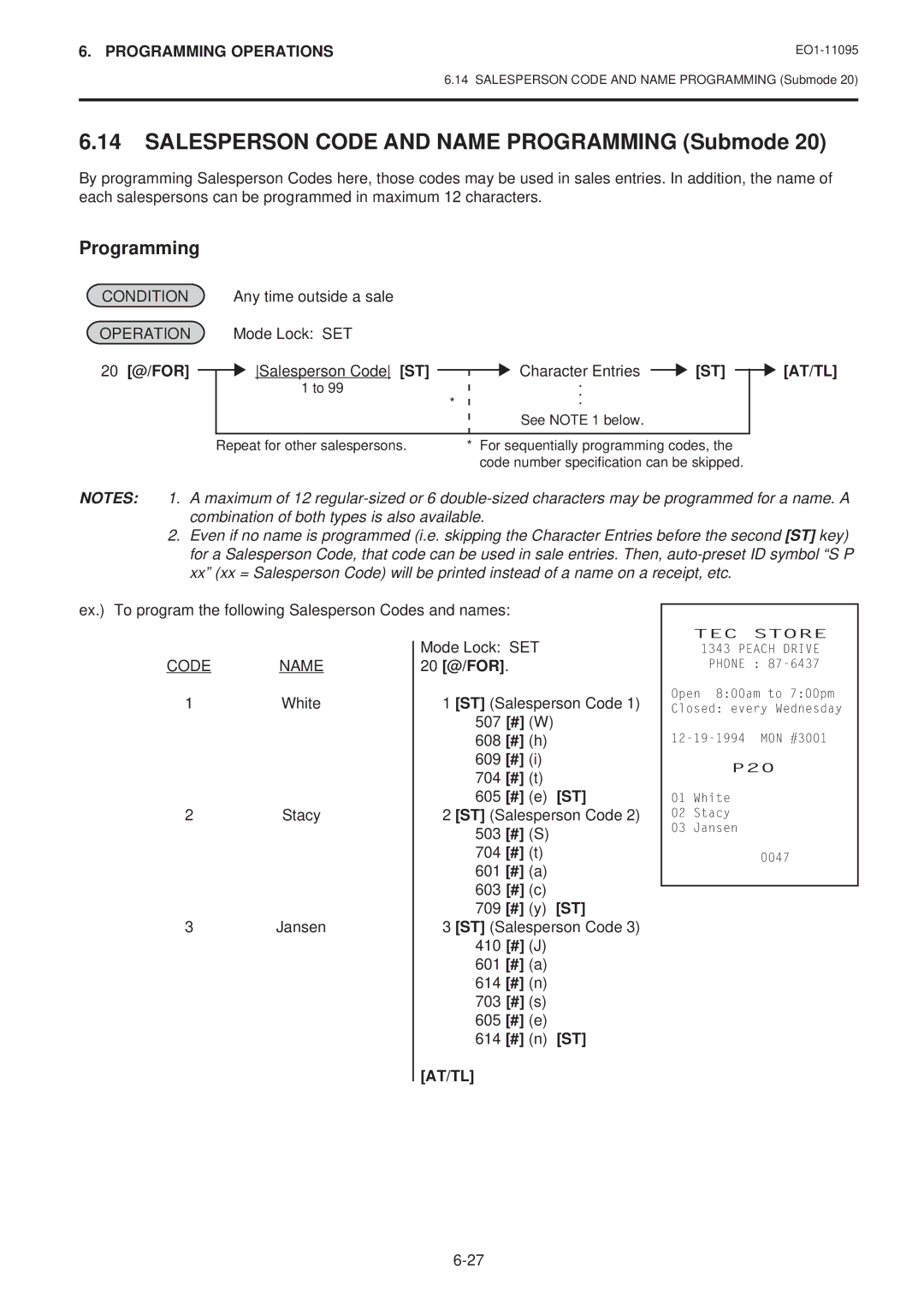 Toshiba MA-1450-1 SERIES, EO1-11095 Salesperson Code and Name Programming Submode, 20 @/FOR, St At/Tl, Code Name 