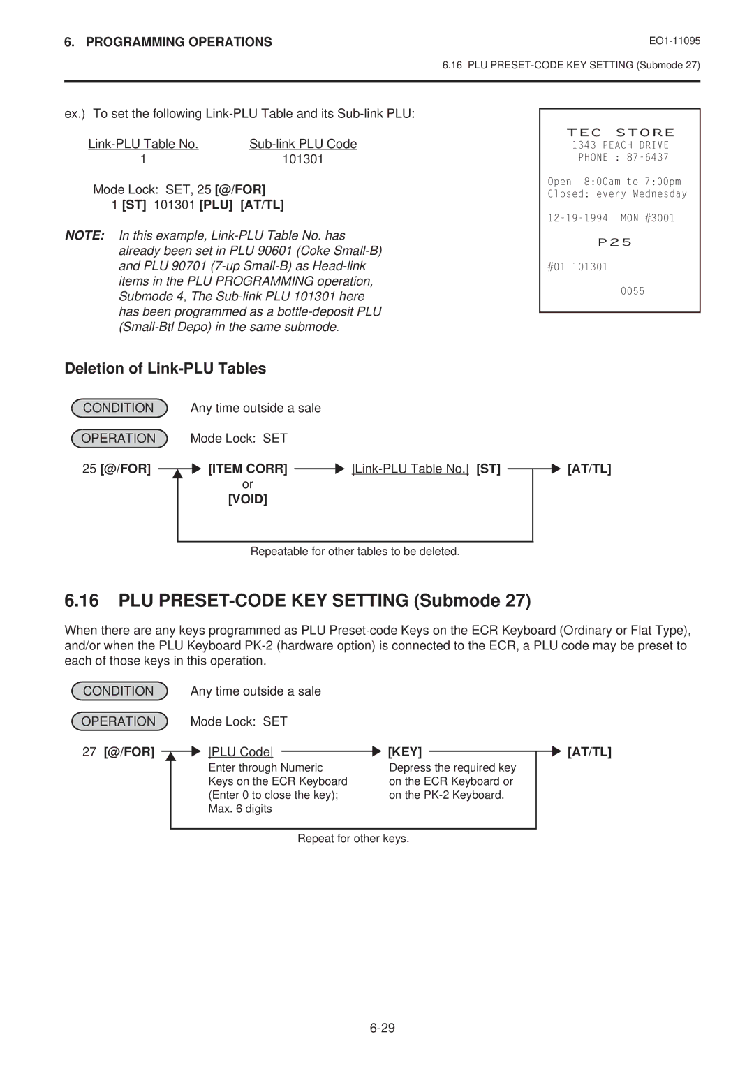 Toshiba EO1-11095, MA-1450 PLU PRESET-CODE KEY Setting Submode, Deletion of Link-PLU Tables, ST 101301 PLU AT/TL, Key 