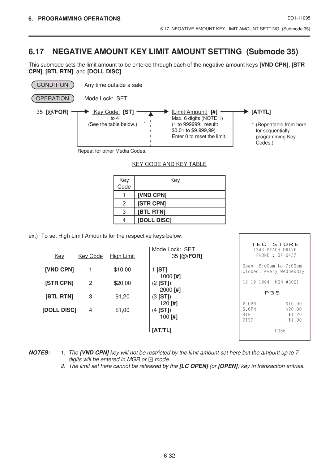 Toshiba EO1-11095 Negative Amount KEY Limit Amount Setting Submode, KEY Code and KEY Table, 35 @/FOR ST 1000 # 