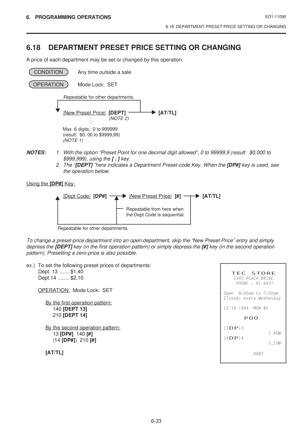 Toshiba MA-1450-1 SERIES, EO1-11095 owner manual Department Preset Price Setting or Changing, New Preset Price Dept 