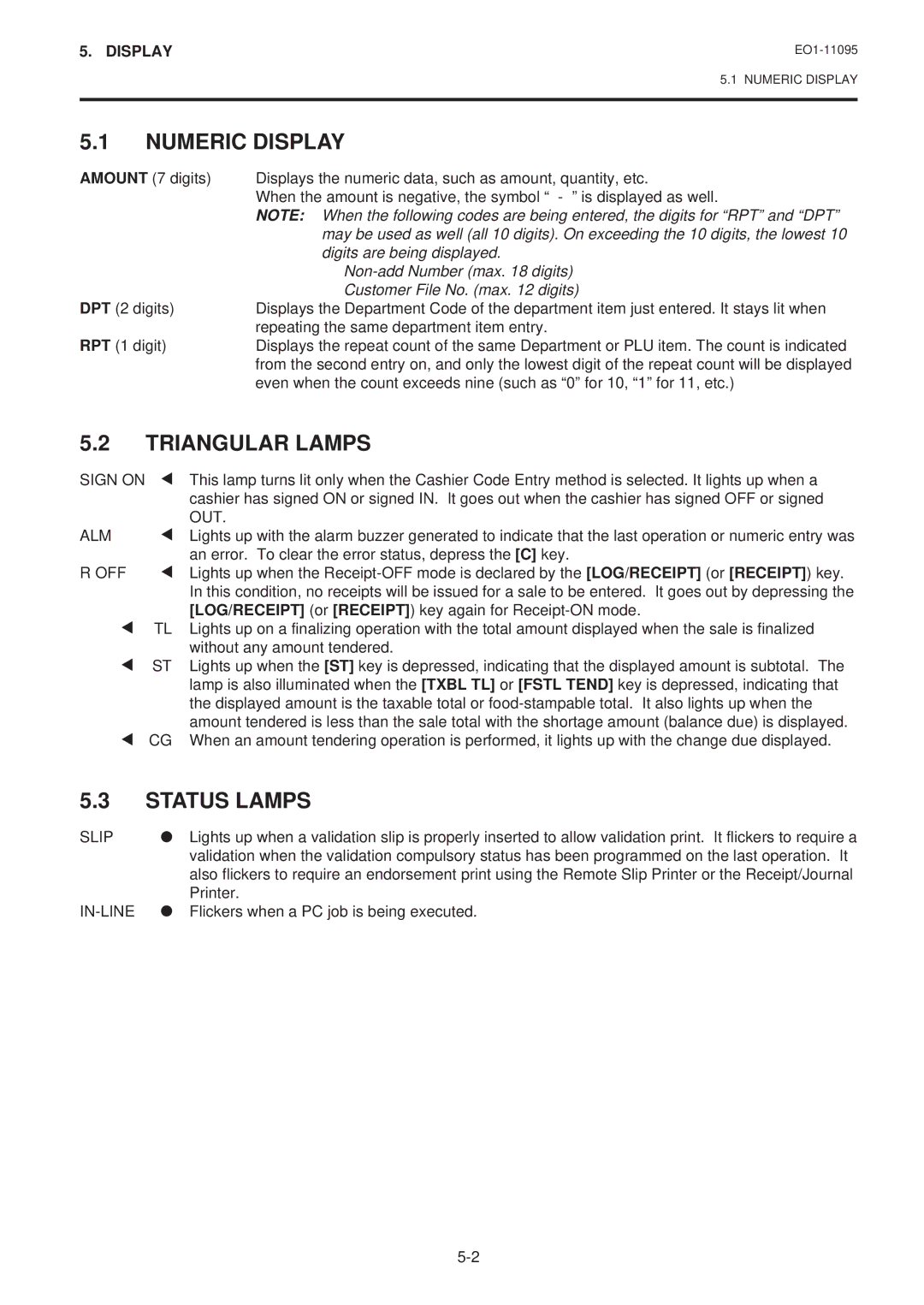 Toshiba EO1-11095, MA-1450-1 SERIES owner manual Numeric Display, Triangular Lamps, Status Lamps 