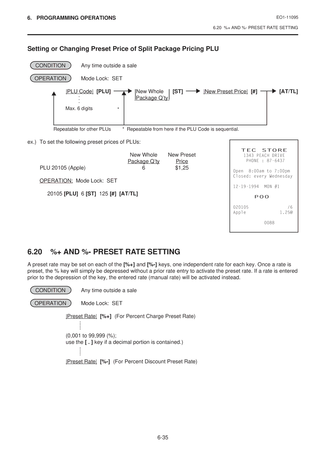 Toshiba EO1-11095 20 %+ and %- Preset Rate Setting, PLU 6 ST 125 # AT/TL, Preset Rate %+ For Percent Charge Preset Rate 