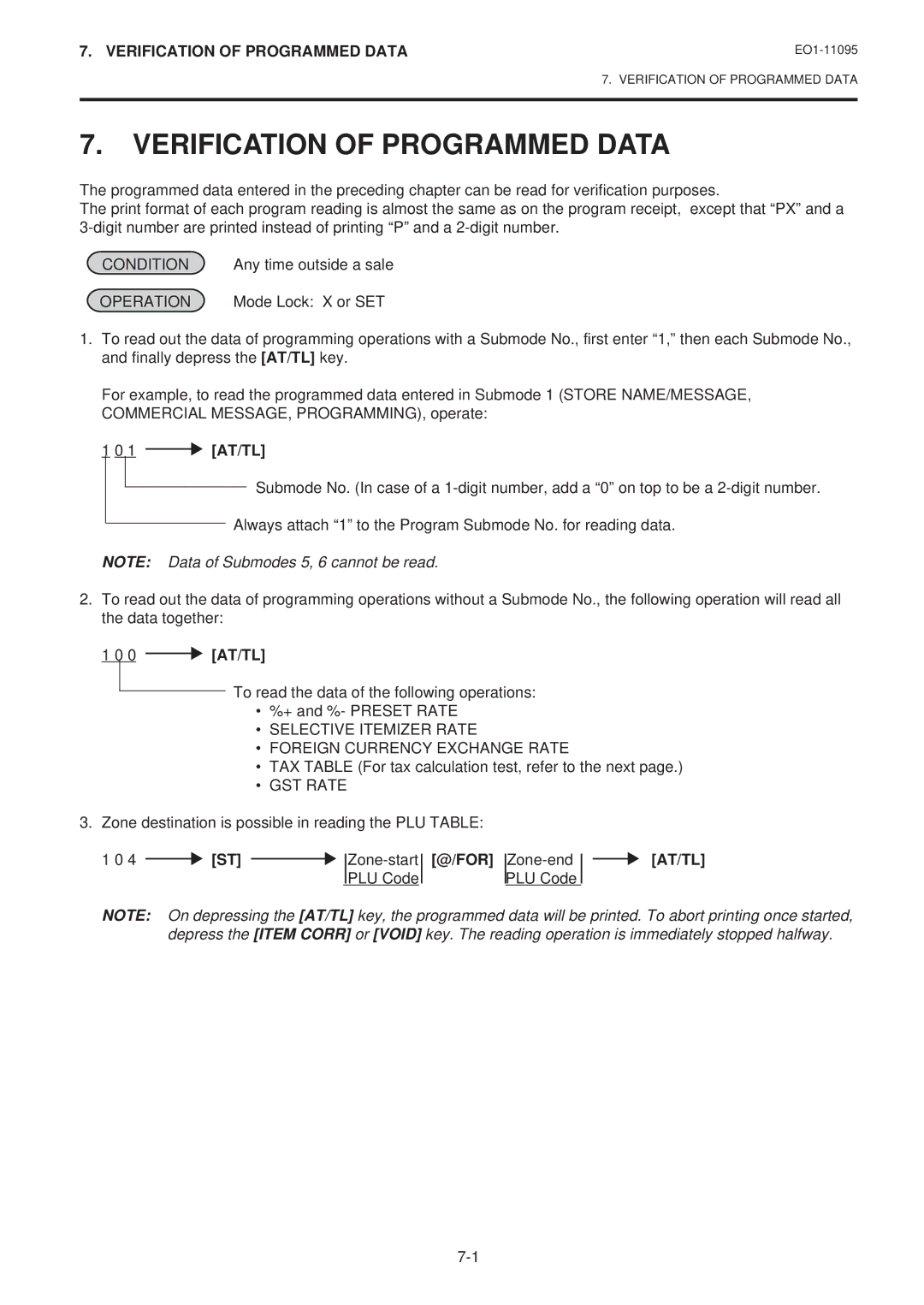 Toshiba EO1-11095, MA-1450-1 SERIES owner manual Verification of Programmed Data, 1 AT/TL, 0 AT/TL 