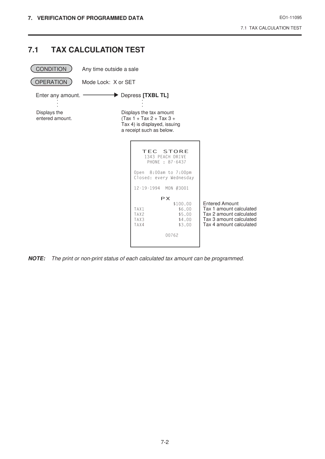 Toshiba MA-1450-1 SERIES, EO1-11095 owner manual TAX Calculation Test, Enter any amount, Depress Txbl TL 