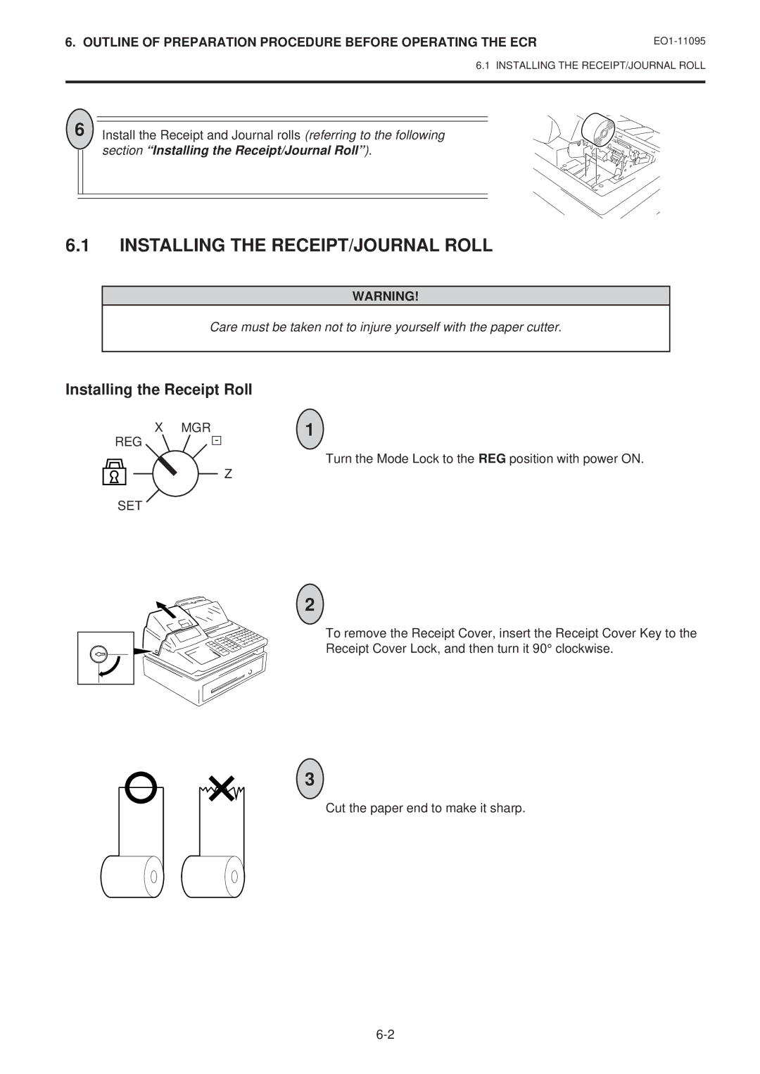 Toshiba MA-1450-1 SERIES, EO1-11095 Installing the RECEIPT/JOURNAL Roll, Installing the Receipt Roll, Mgr Reg 