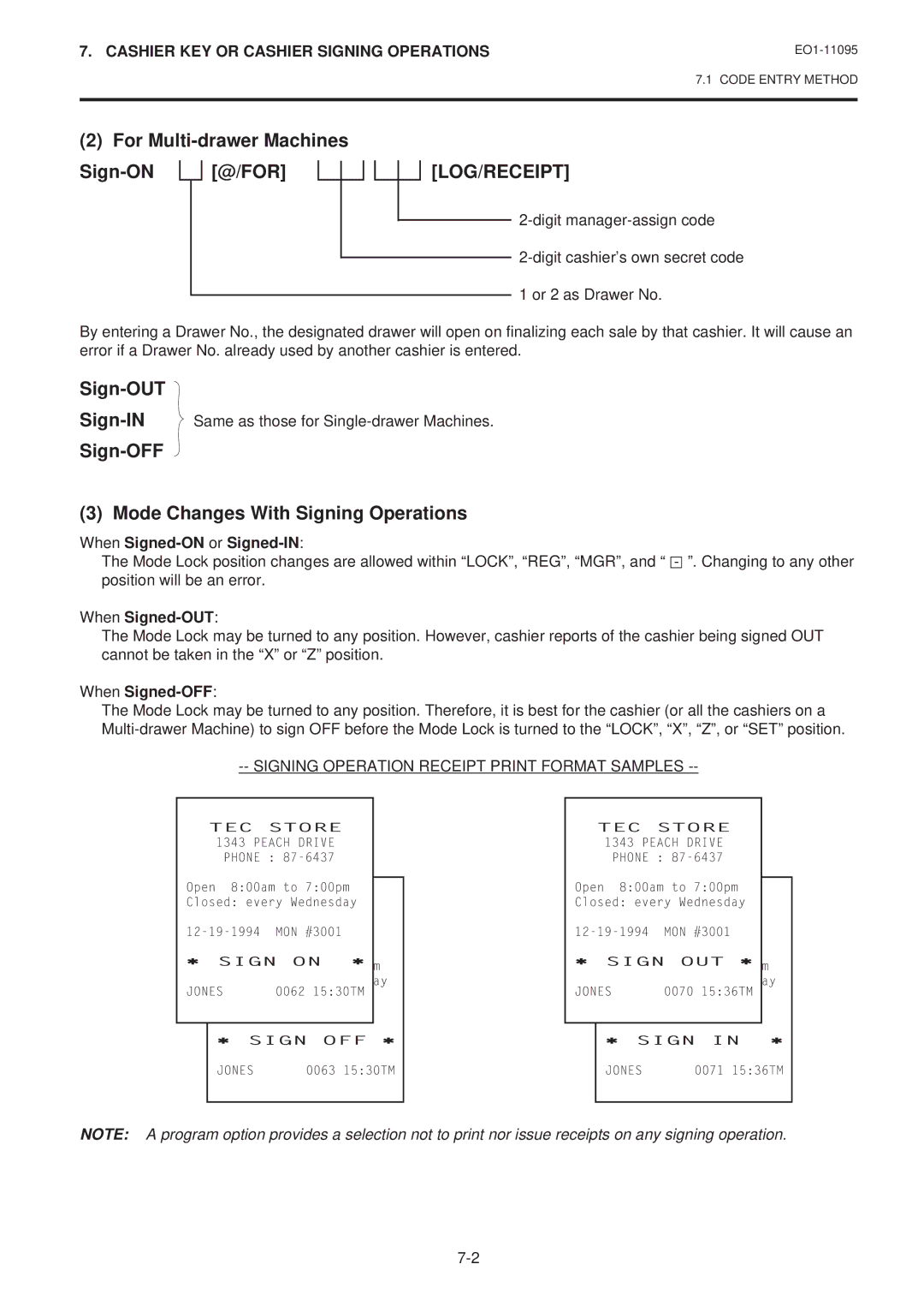 Toshiba MA-1450-1 SERIES, EO1-11095 For Multi-drawer Machines Sign-ON @/FOR, Sign-OFF Mode Changes With Signing Operations 