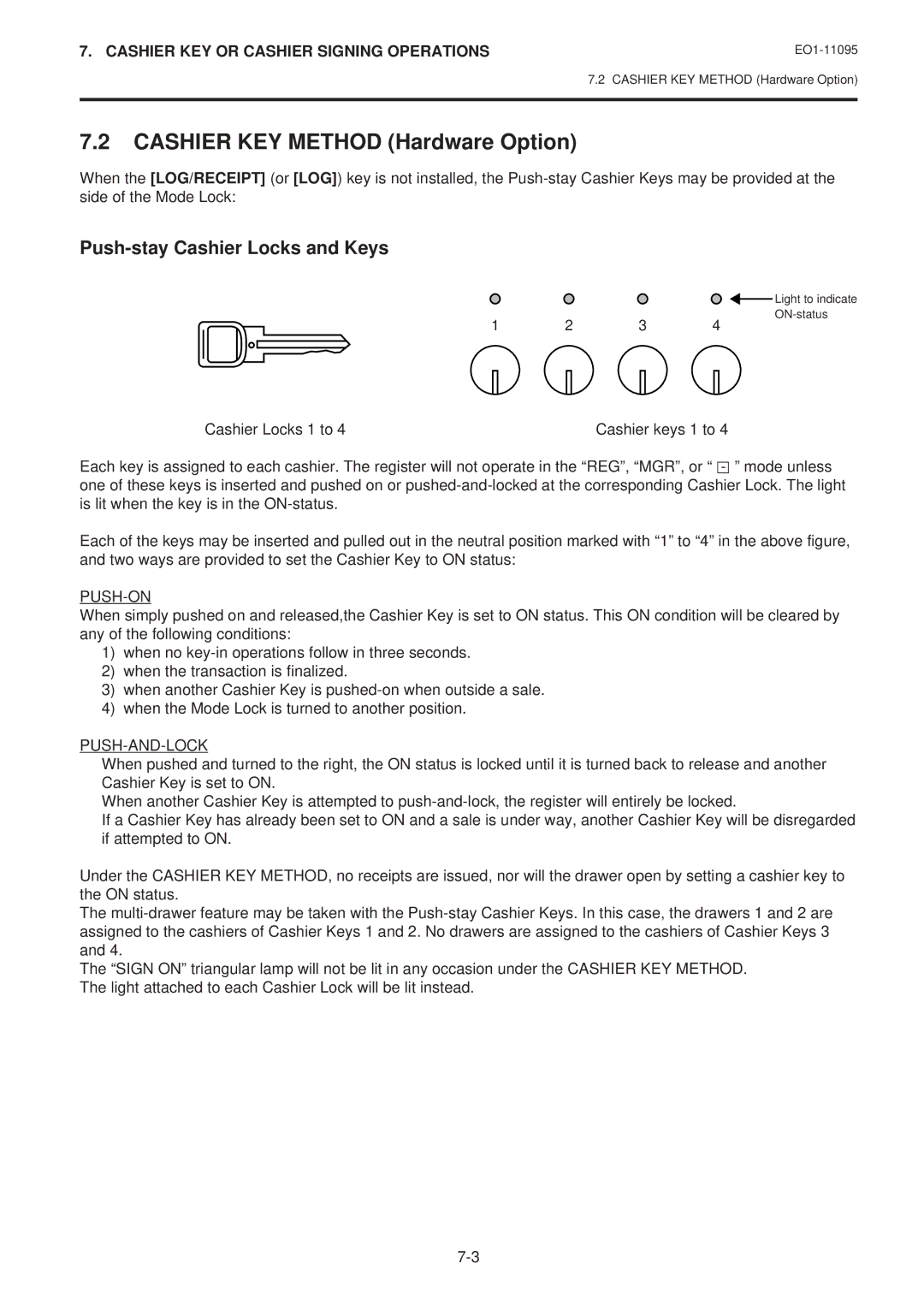 Toshiba MA-1450, EO1-11095 Cashier KEY Method Hardware Option, Push-stay Cashier Locks and Keys, Push-On, Push-And-Lock 