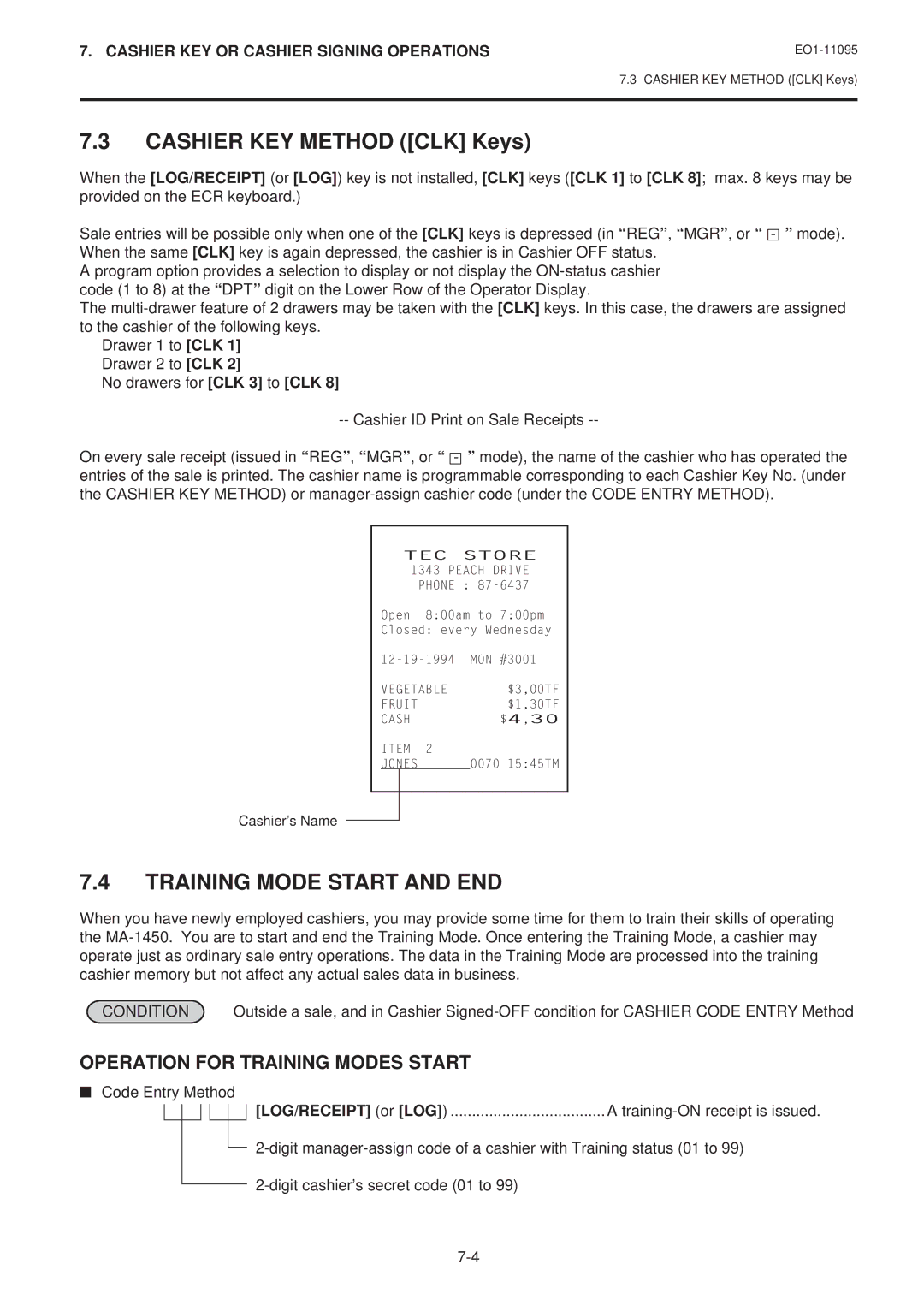 Toshiba EO1-11095, MA-1450-1 SERIES Cashier KEY Method CLK Keys, Training Mode Start and END, Condition, Code Entry Method 