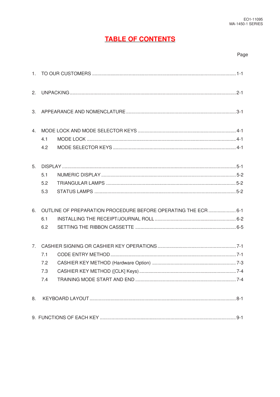 Toshiba EO1-11095, MA-1450-1 SERIES owner manual Table of Contents 