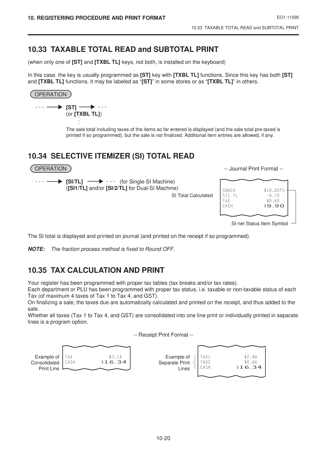 Toshiba EO1-11095 Taxable Total Read and Subtotal Print, Selective Itemizer SI Total Read, TAX Calculation and Print 