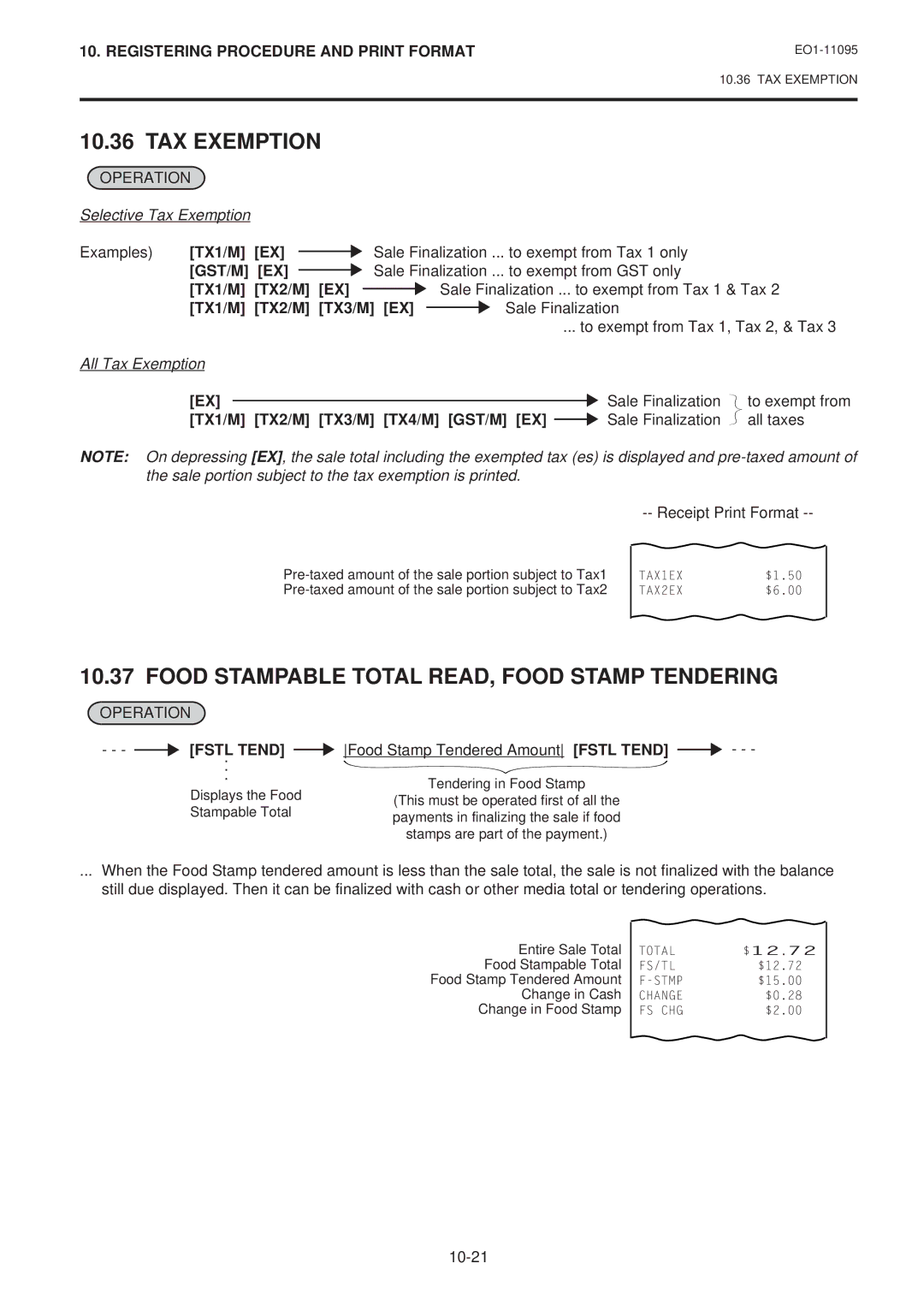 Toshiba MA-1450-1 SERIES, EO1-11095 owner manual TAX Exemption, Food Stampable Total READ, Food Stamp Tendering 