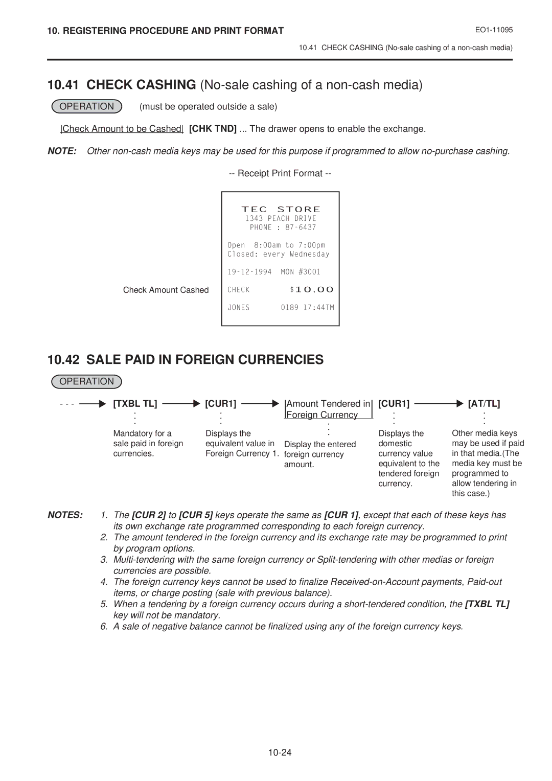 Toshiba MA-1450-1 SERIES, EO1-11095 owner manual Sale Paid in Foreign Currencies, CUR1, Amount Tendered Foreign Currency 