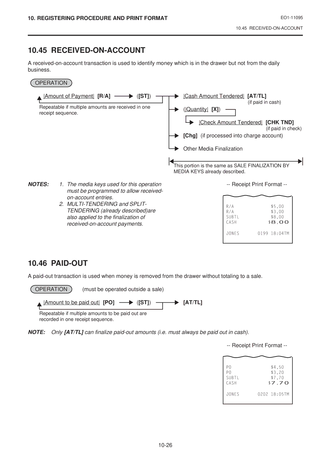 Toshiba EO1-11095, MA-1450-1 SERIES owner manual Received-On-Account, Paid-Out, Amount to be paid out PO 