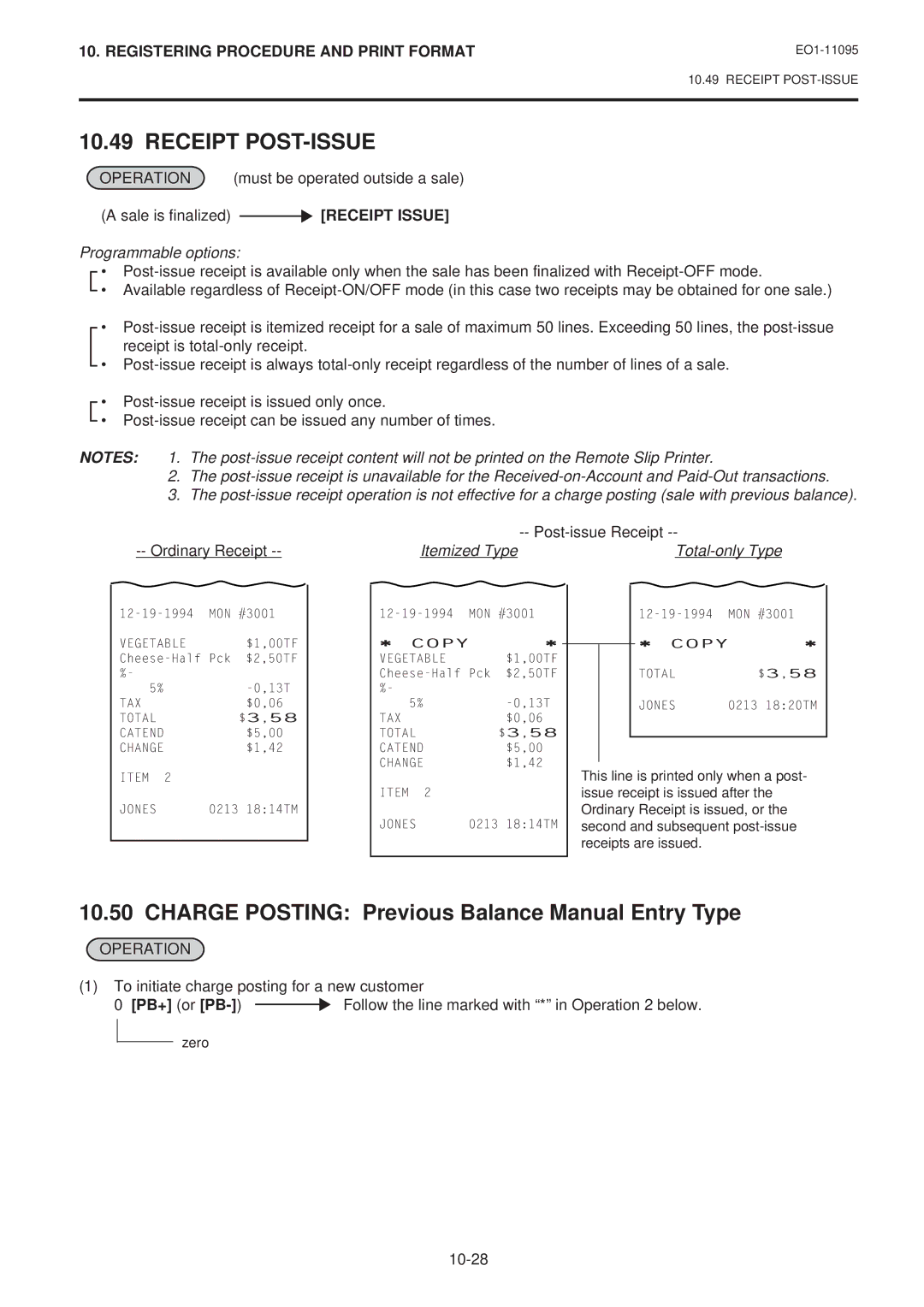 Toshiba MA-1450 Receipt POST-ISSUE, Charge Posting Previous Balance Manual Entry Type, Sale is finalized Receipt Issue 