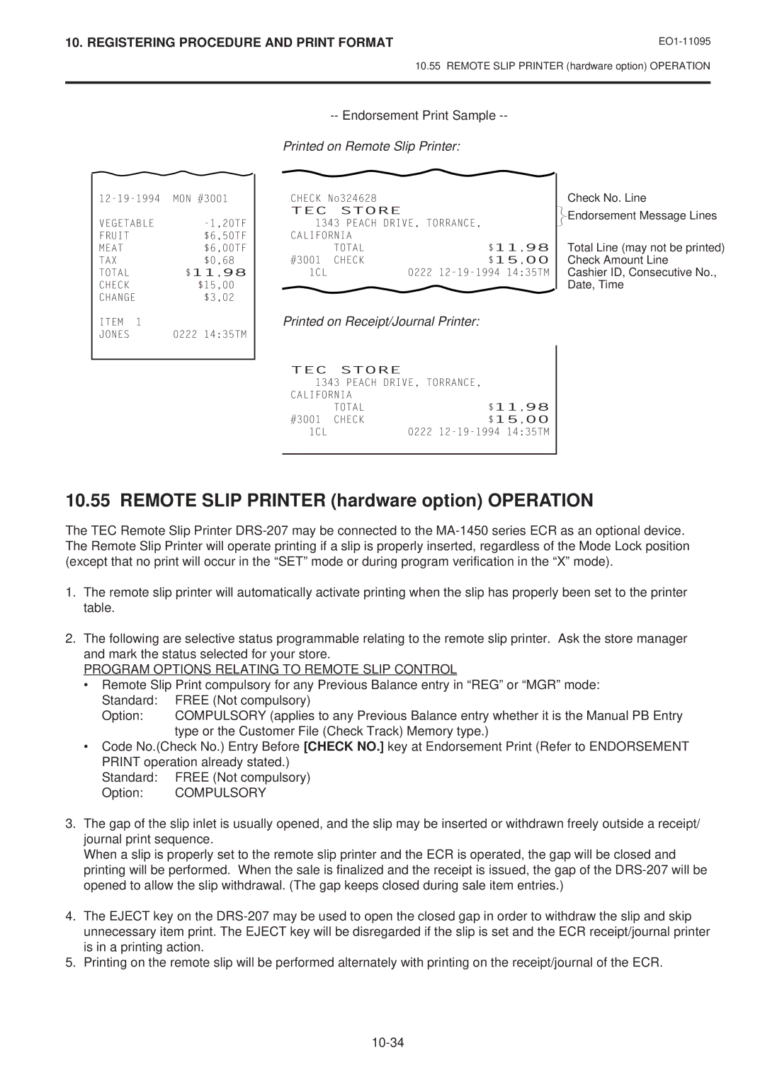 Toshiba MA-1450-1 SERIES, EO1-11095 owner manual Remote Slip Printer hardware option Operation, Endorsement Print Sample 