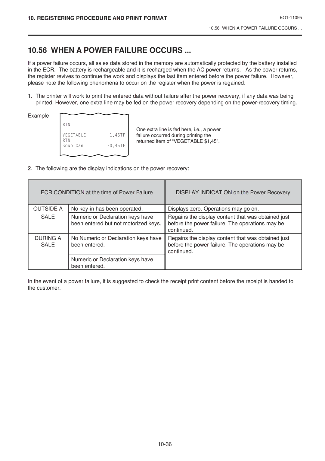 Toshiba MA-1450-1 SERIES, EO1-11095 owner manual When a Power Failure Occurs, Outside a, Sale, During a 